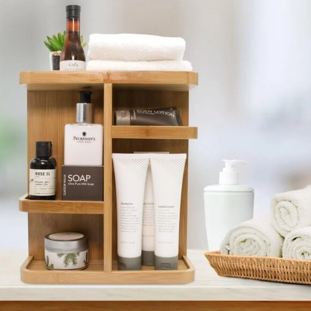 New 360° Bamboo Makeup Organizer, Rotating Cosmetic Storage for Vanity